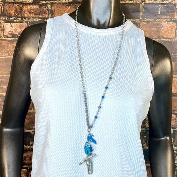 Long Silver & Blue Parrot Necklace Unique Jewelry - Picture 1 of 4